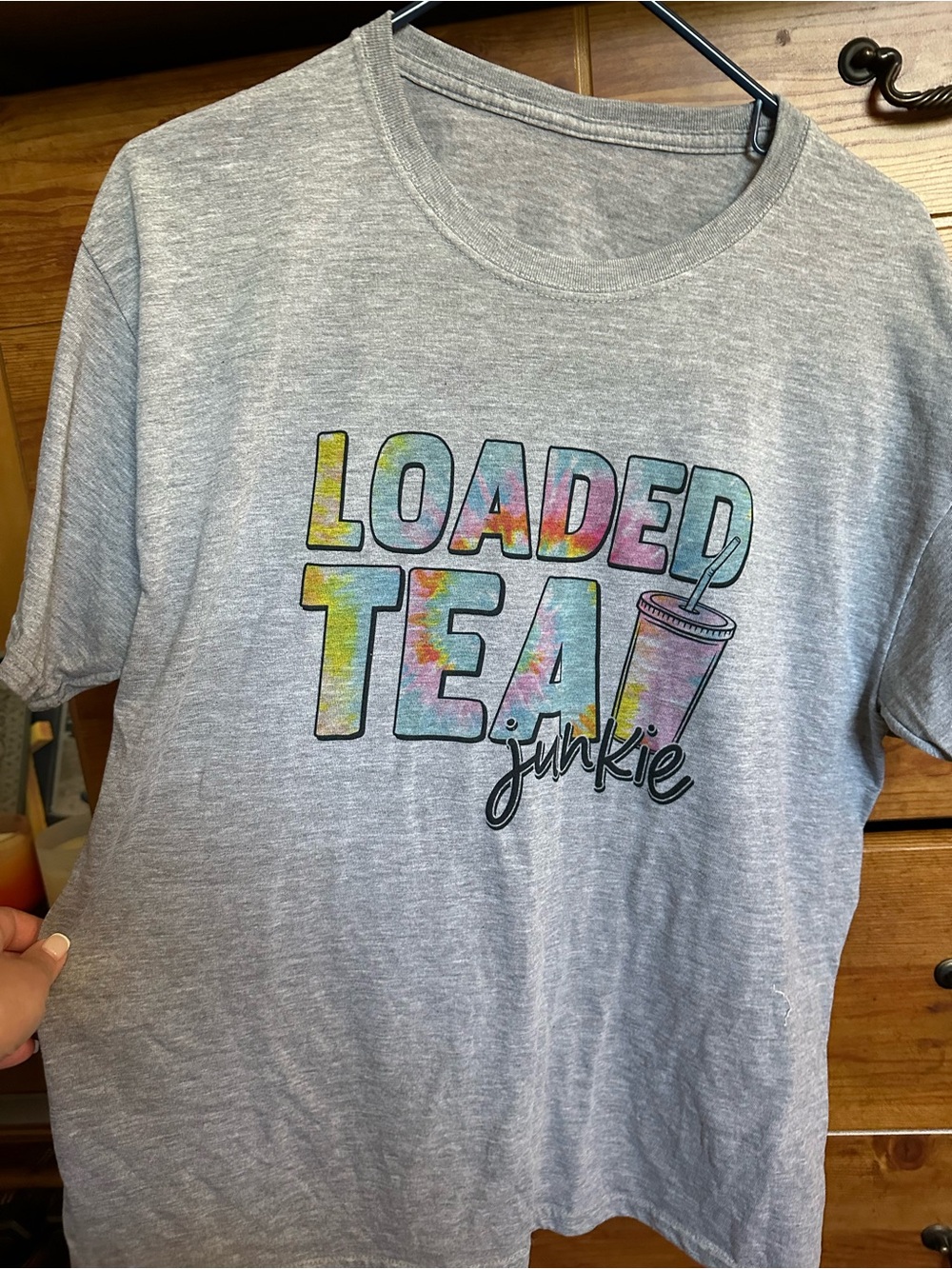 Woman’s size large gray loaded tea junkie shirt